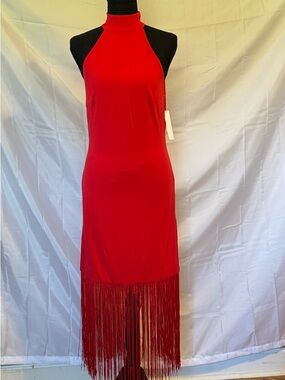 Venus Red Fringe Halter Midi Dress.